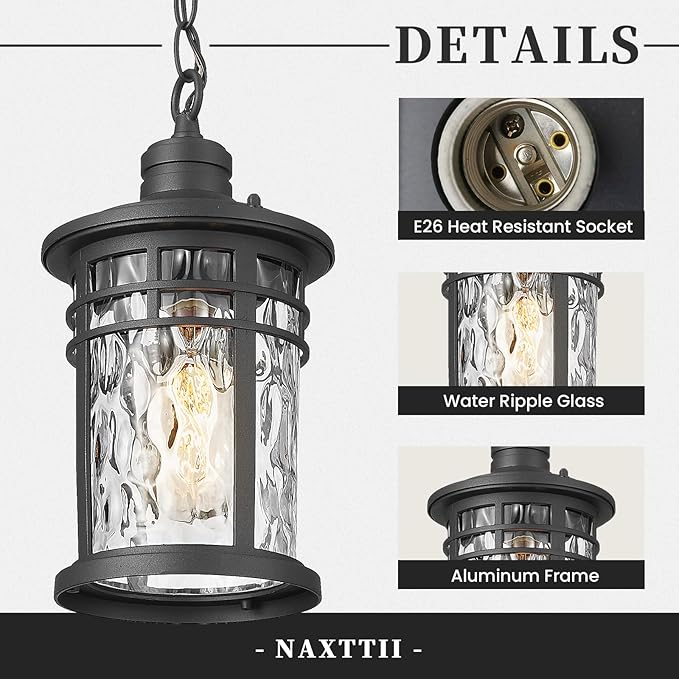 Outdoor Pendant Lights for Porch Aluminum Hanging Porch Light with Water Ripple Glass Hanging Lantern for Front Patio Gazebo Foyer or Garage