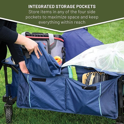 TIMBER RIDGE Tailgate Collapsible Folding Wagon Cart, Heavy Duty Utility Push Pull Beach Wagon Foldable, Outdoor Grocery Cart with Side Pockets for Camping, Garden, Shopping, Holds 225 lbs, Blue