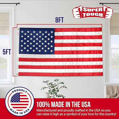 Super Tough 5Ft x 8Ft American Flag - Double Sided, Heavy Duty Nylon USA Flag with Embroidered Stars and Sewn Stripes Suitable for Outdoors - Red/White/Blue