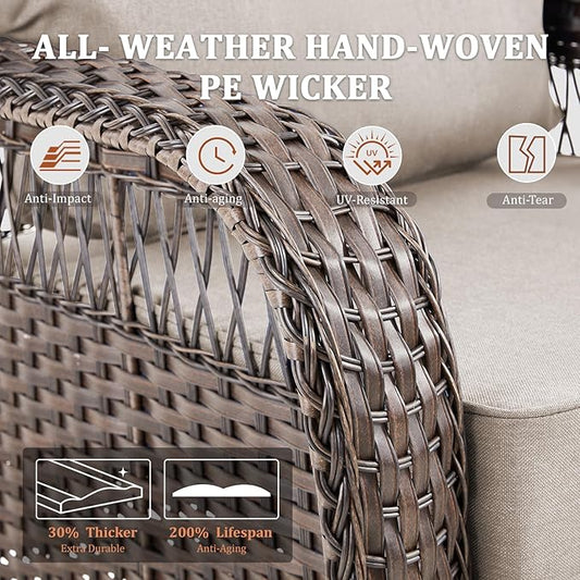 10 Pieces Patio Furniture Set Outdoor Sectional Sofa Couch with Rocking Swivel Chairs 5" Deep Seat Chairs, Modern Wicker Rattan Conversation Set, Beige/Brown Wicker