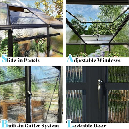 AMERLIFE 8x14x7FT Polycarbonate Greenhouse, Walk in Greenhouse with Quick-Connect System, Green House with 4 Vent Windows and Swing Door, Greenhouses for Outdoors, Glossy Black