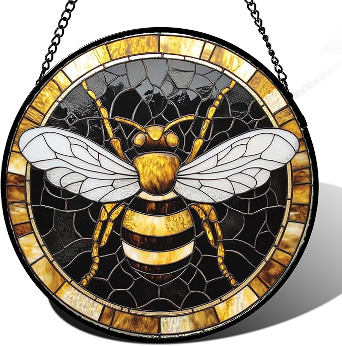 Stained Glass Window Hanging - Black Gold Bee White Wings Sun Catcher for Door Home Decor Insect Suncatcher Christmas Mother's Day Birthday Gifts for Women Men Lovers Mom Nana 15 in