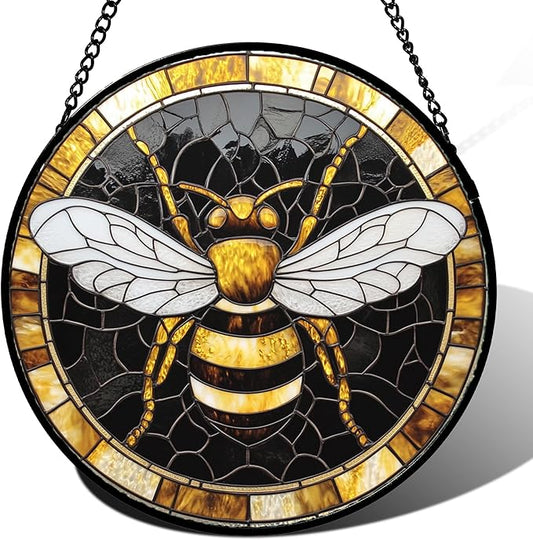 Stained Glass Window Hanging - Black Gold Bee White Wings Sun Catcher for Door Home Decor Insect Suncatcher Christmas Mother's Day Birthday Gifts for Women Men Lovers Mom Nana 15 in