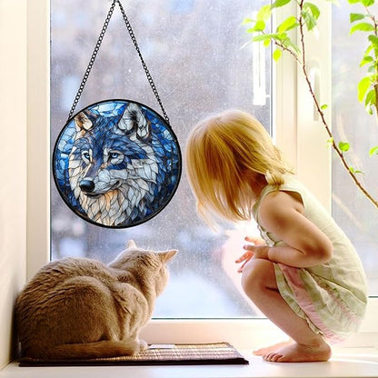 Stained Glass Window Hanging - Funny Wolf Suncatcher Ready to Hang Window Doors Home Decoration and Christmas, Mother's Day Birthday Gifts for Women, Men, and Mom 9.8x9.8 in