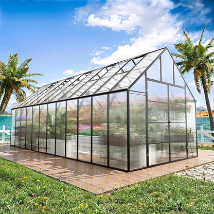 10x24 FT Large Greenhouse, Easy Assembly Hybrid Polycarbonate Greenhouses for Outdoors w/5 Vent Windows & Swing Door Walk-in Greenhouses Aluminum Green House for Outside, Black