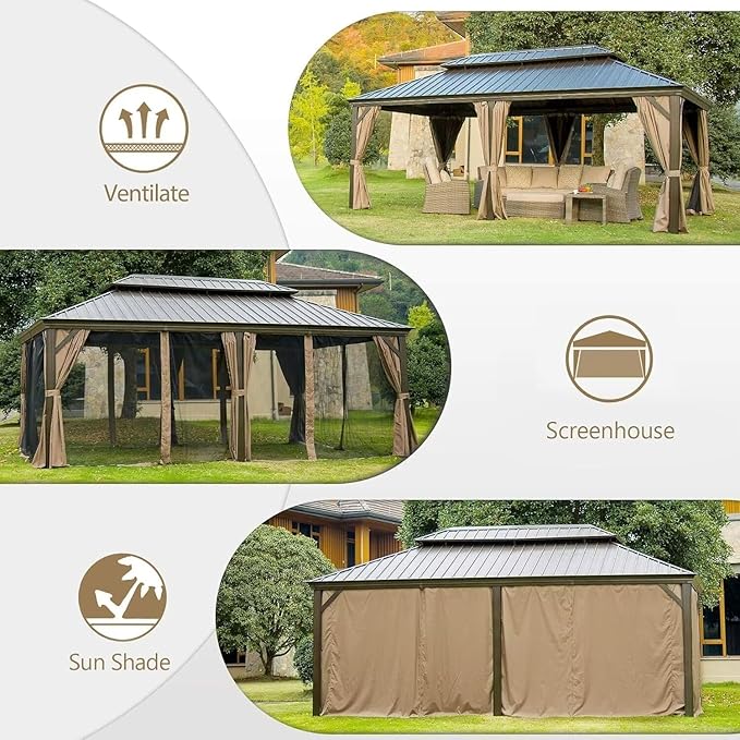 Domi 14'x24' Hardtop Gazebo Canopy,Outdoor Aluminum Gazebo with Galvanized Steel Double Roof,Large Permanent Gazebo Pavilion for Patio Deck Backyard,Curtain and Netting, Dark Brown