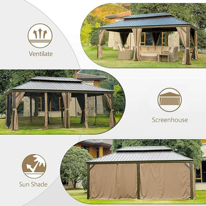 Domi 14'x22' Hardtop Gazebo Canopy,Outdoor Aluminum Gazebo with Galvanized Steel Double Roof,Large Permanent Gazebos Pavilion for Patio Deck Backyard,Curtain and Netting, Dark Brown