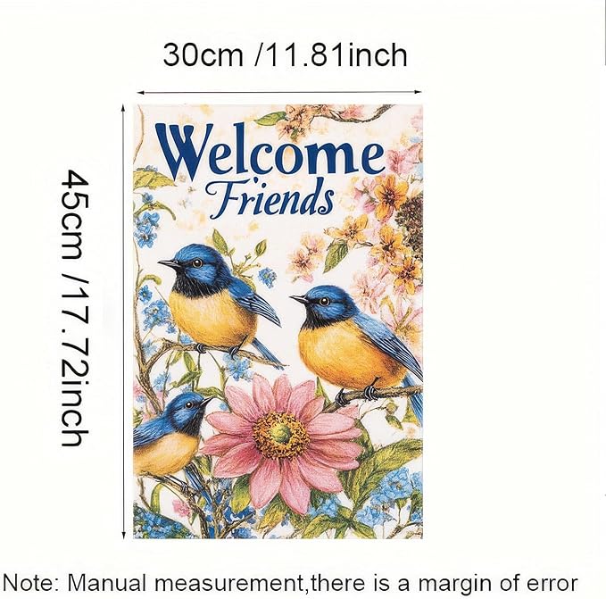 Garden Flag Hello Spring Yard Flag Garden Decoration 12x18 Inch Double Sided Welcome Friends Bluebirds Floral Design Outdoor Yard Banner for Spring and Summer Decoration
