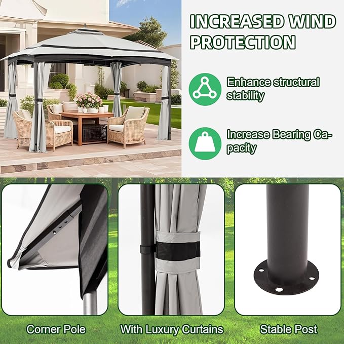11x13 Gazebo for Patio, Gazebo with Curtains& Sandbags, Double Tier Roof Marquee Canopy for Garden, Deck, Backyard, Lawn (Grey)-Netting not Included