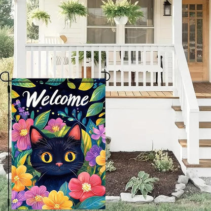 Welcome Spring Garden Flag 12x18 InchDouble Sided Hello Spring Black Cat Outdoor Yard Decoration Summer Farmhouse Holiday Yard Flag Floral Design Spring Home Decor Flags