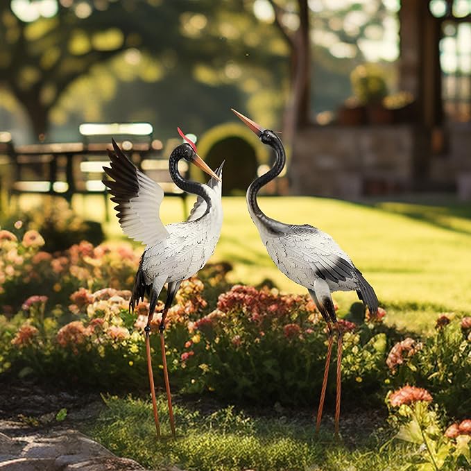 TERESA'S COLLECTIONS Yard Decorations Outdoor Garden Statues, White Metal Crane Yard Art, 33-39" Lawn Ornaments for Backyard,Outside Porch,Patio,Heron Decoy Bird Garden Decor,Set of 2,Gifts for Mom