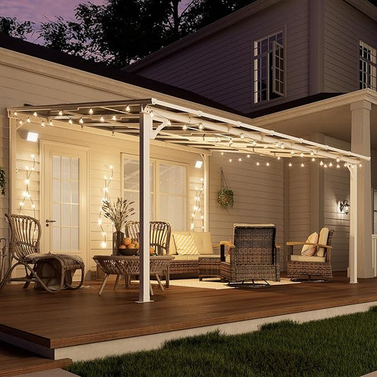 MEISSALIVVE 12' x 14' Wall Mounted Lean to Metal Awnings with Sloped Roof, Outdoor Patio Gazebo Awning for Backyard, Deck, White
