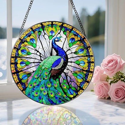 8 Inch Stained Glass Suncatcher Ornament, DOUHASU Peacock Sun Catchers Indoor Window, Stained Glass Window Hanging, Home Decor, Peacock Lovers for Mom, Grandma, Friend, Bestie, Couple
