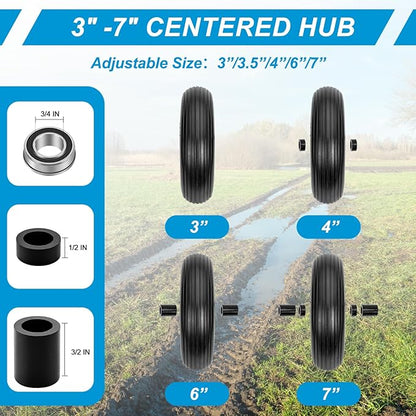 Cenipar 4.80/4.00-8" Flat Free Tire and Wheel 14.5" Solid Flat-Free Replacement Tire with 5/8" or 3/4" Axle Borehole,3-7" Adjustable Centered Hub for Wheelbarrow Hand Truck Garden Trailer and Trolley