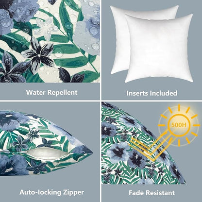 LVTXIII Outdoor Throw Pillows, Decorative Throw Pillows with Inserts, 16"x16" Square Pillows for Bed, Couch, Sofa and Patio Furniture, Set of 2, Blue Salmone Tropical