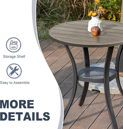 VICLLAX Round Patio Dining Table, Metal Outdoor Bistro Table with Storage Shelf for Balcony Garden Deck, 27.6Inch Grey
