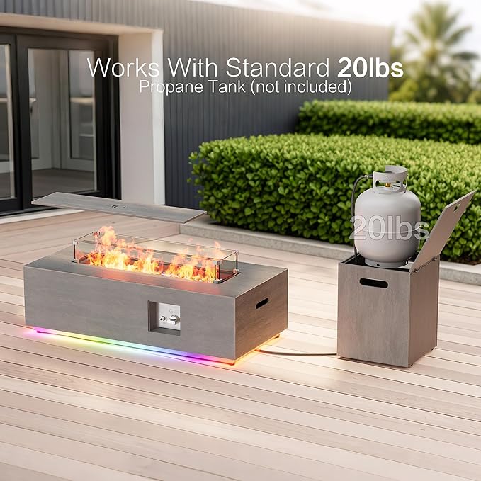 42" Outdoor Fire Pit Table, 50,000 BTU Gas Fire Pit with Glass Wind Guard, Fire Stones, Waterproof Cover, Propane Fire Pit Table for Outside Patio (RGB Light, Brown)