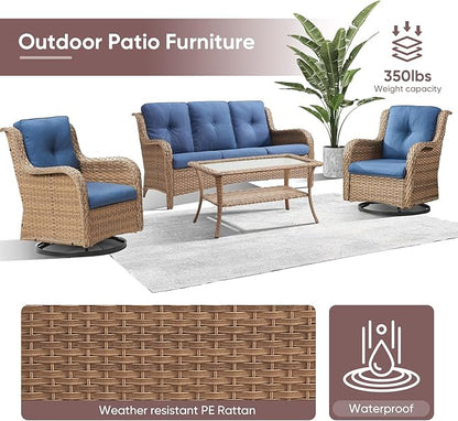 4 Piece Patio Furniture-All-Weather PE Wicker Outdoor Patio Furniture with Swivel Rocker Chairs,Outdoor Couch, Set with Coffee Table-Yellow/Blue