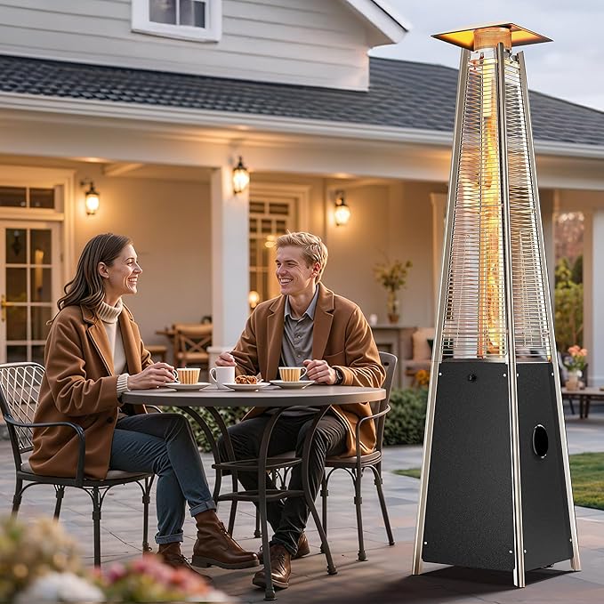 YITAHOME Pyramid Patio Heater with Quartz Flame Tube, 42,000–48,000 BTU Outdoor Propane or Gas Heater with Wheels and Cover, and Auto Shut-Off Protection for Backyards, Gardens, Bars, Black