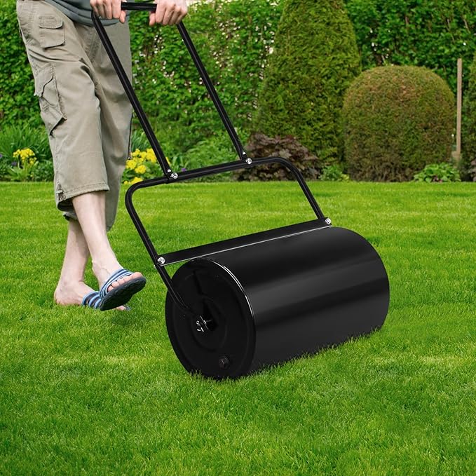 Outvita Lawn Roller, 10 Gallons Water and Sand Filled Garden Drum Roller with U Shaped Handle Tow beind Sod Roller for Planting, Seeding(Black)