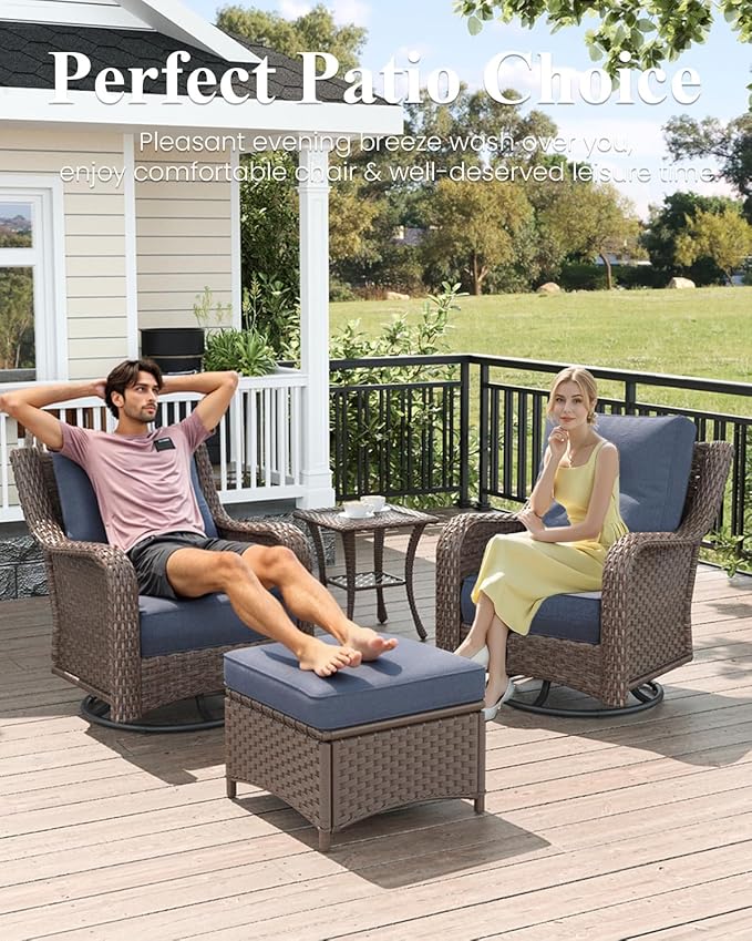 LayinSun 10 Piece Wicker Outdoor Furniture Set with 6-inch Comfy Cushions, High Back Patio Furniture Set with Swivel Rocking Chairs and Fire Pit Table