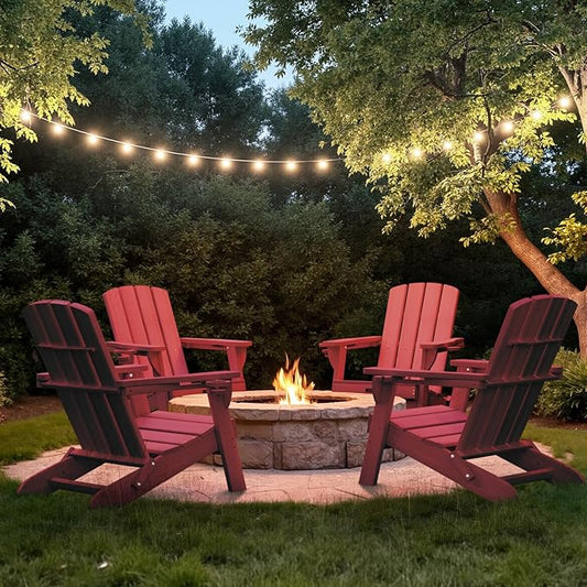 Folding Adirondack Chair with Wood Texture, HDPE All-Weather Fire Pit Chairs, Plastic Adirondack Chairs with 2 Cup Holder, Outdoor Lawn Chair for Patio Garden (Red)