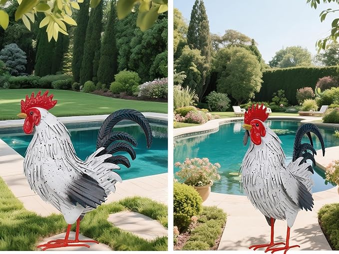 Rooster Garden Statue Sculpture Metal Chicken Yard Decor Outdoor Figurines Patio Backyard Decoration (White)