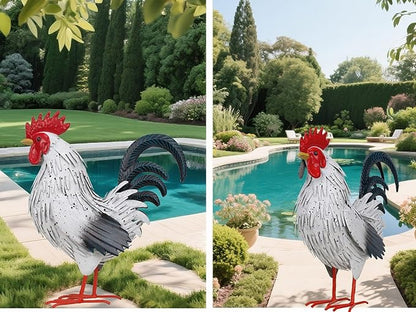 Rooster Garden Statue Sculpture Metal Chicken Yard Decor Outdoor Figurines Patio Backyard Decoration (White)