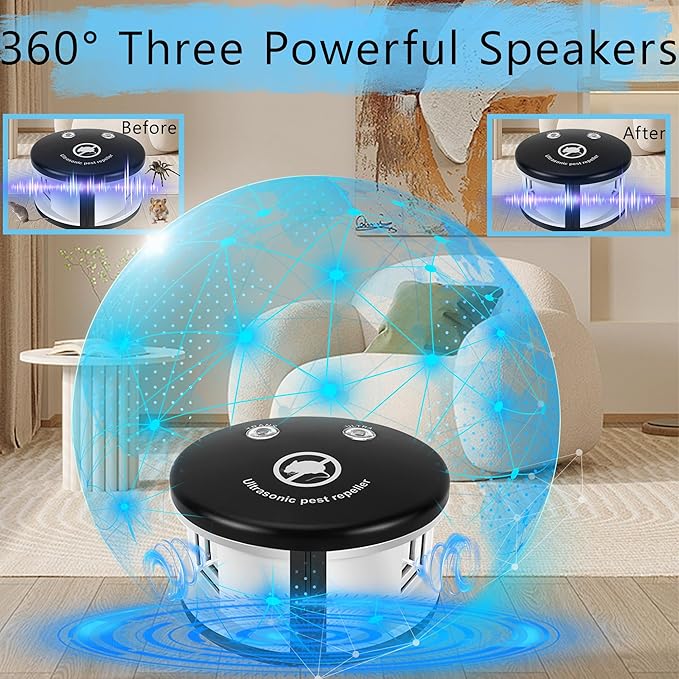 Mouse Repellent Ultrasonic Pest Repeller Plug in Indoor,360° Ultrasonic Rodent Repellent,3 Mode Switch with Pressure Wave, Squirrel Repellent Mice Deterrent for House Garage Warehouse RV, Black