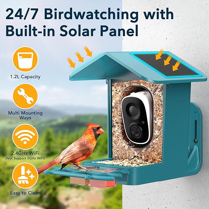 PeckCam® Bird Feeder with Camera Solar Powered, AI Identify & Auto Capture, 2K HD Live Video Smart Bird Feeder Camera Instant Notifications in Backyard, Gift for Bird Lovers