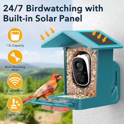 PeckCam® Bird Feeder with Camera Solar Powered, AI Identify & Auto Capture, 2K HD Live Video Smart Bird Feeder Camera Instant Notifications in Backyard, Gift for Bird Lovers