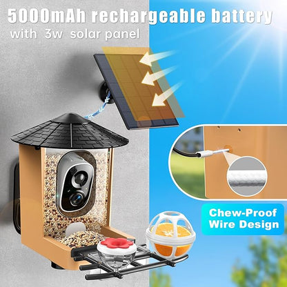 Smart Bird Feeder with Camera with AI Identify Birds Species & Solar Panel, WiFi Birdfeeder with Cam, 2K Live View, Chew-Proof & Waterproof Design, Real-Time App Alerts, Gift for Bird Lovers, Black
