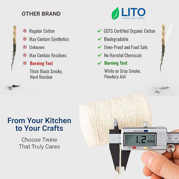 Organic Butcher’s Twine for Cooking & Trussing – 1.2mm Heavy-Duty Natural Cotton Kitchen Twine 1000 Feet – Food-Safe, Oven-Safe String for Meat, Turkey, Baking, & Crafts