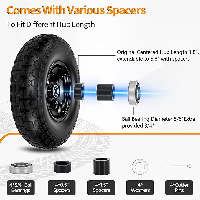 13" Flat Free Tire and Wheel,4.00-6 Wheelbarrow Wheels and Tires with 5/8" or 3/4" Bearings, 13"Solid Tires Replacement for Wheelbarrow, Gorilla Cart, Hand Trucks, Garden Carts 4 Pack