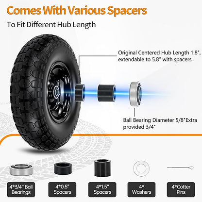 13" Flat Free Tire and Wheel,4.00-6 Wheelbarrow Wheels and Tires with 5/8" or 3/4" Bearings, 13"Solid Tires Replacement for Wheelbarrow, Gorilla Cart, Hand Trucks, Garden Carts 4 Pack
