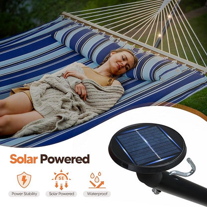 SUNCREAT Double Backyard Hammock with Solar Powered Lights for Outside, 475 lbs Capacity, Heavy Duty Self Standing Hammock with 12 ft Stand, Blue