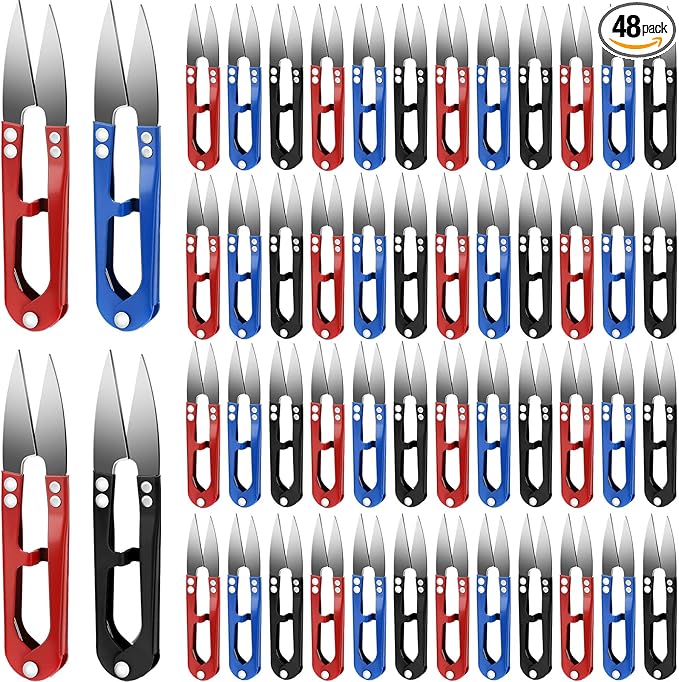 Therwen 48 Pcs 4 Inch Bonsai Pruning Scissors Thread Snips Mini Sewing Scissors U Shaped Bulk Bud and Leaves Trimmer Yarn Carbon Steel Pruners Trimmers for Gardening(Black, Blue, Red)