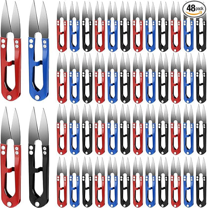 Therwen 48 Pcs 4 Inch Bonsai Pruning Scissors Thread Snips Mini Sewing Scissors U Shaped Bulk Bud and Leaves Trimmer Yarn Carbon Steel Pruners Trimmers for Gardening(Black, Blue, Red)