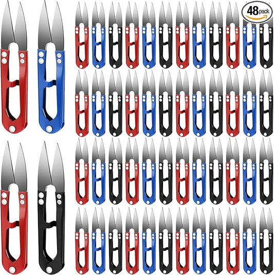 Therwen 48 Pcs 4 Inch Bonsai Pruning Scissors Thread Snips Mini Sewing Scissors U Shaped Bulk Bud and Leaves Trimmer Yarn Carbon Steel Pruners Trimmers for Gardening(Black, Blue, Red)