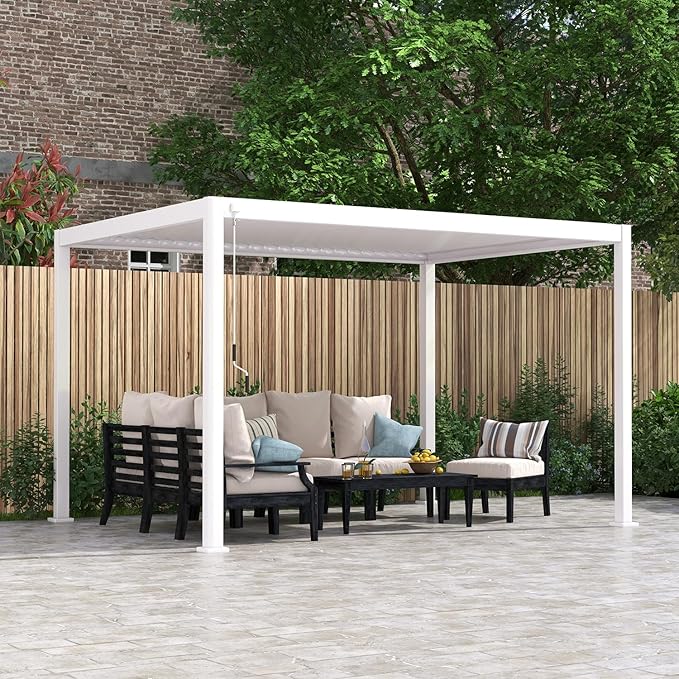 Mirador 111S Round Louvered Pergola Gazebo, 10Ft x 13Ft, Full Aluminum Frame, Adjustable Roof, Outdoor, Durable, White