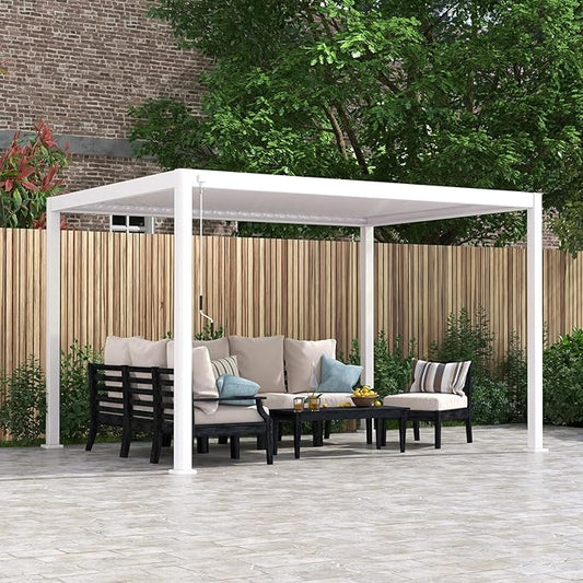 Mirador 111S Round Louvered Pergola Gazebo, 10Ft x 13Ft, Full Aluminum Frame, Adjustable Roof, Outdoor, Durable, White
