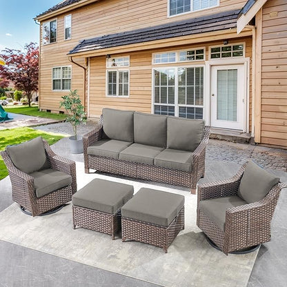 Outdoor Wicker Patio Furniture Set - 5 Piece Outside Rattan Conversation Bistro Dining Chair Sets with Rocking Swivel Chairs, 3-Seat Couch and Ottomans for Porch Yard Balcony – Brown/Grey