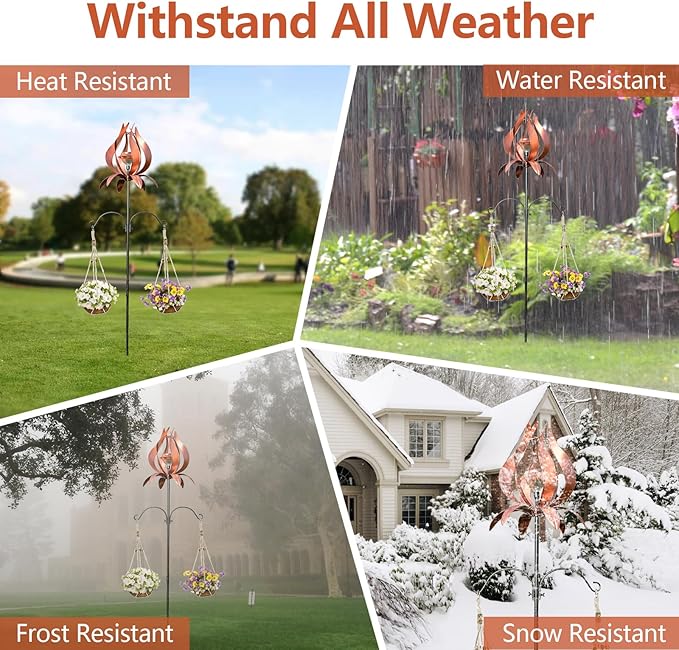Solar Wind Spinner Outdoor Metal 83 Inch Windmill for Yard Garden Patio Decor Metal Yard Art Garden Art Easter Outdoor Decors Large Landscape Light with Shepherd Hooks Coconut Baskets
