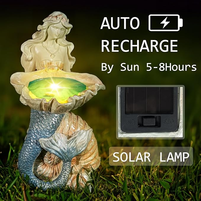 12" Mermaid Garden Lighting Statue Art, Solar Night Light, Yard Sculpture, Outdoor Lawn Solar Decor, Powered Statue, Landscape Path Light Ornament Figurine, Vivid Mermaid Lamp