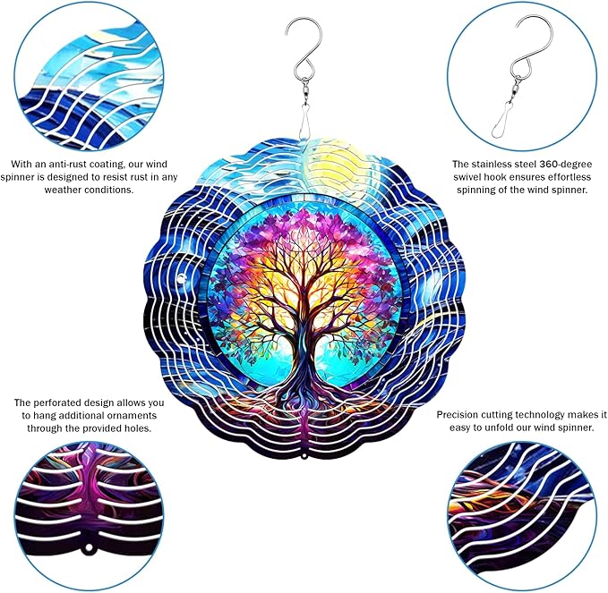 Tree of Life Wind Spinner, 3D Hanging Stainless Steel Garden Spinner, Wind Spinner Hanging for Outdoor & Indoor Décor, Unique Gifts for Yard Garden Decoration or Patio Décor (Tree of Life)
