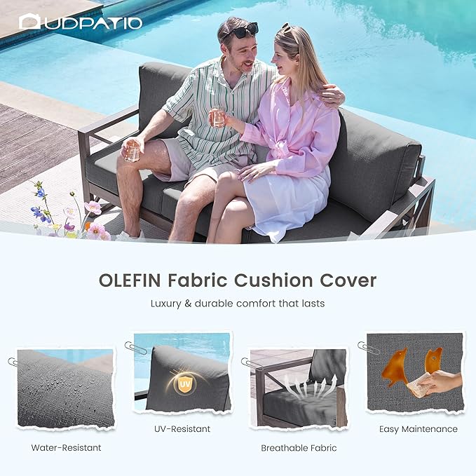 UDPATIO 6 Piece Aluminum Patio Furniture Set 7 Seats Modern Outdoor Furniture Faux Wood Grain Patio Conversation Sets with Olefin Fabric Thick Cushions, 600D Waterproof Cover Included, Dark Grey