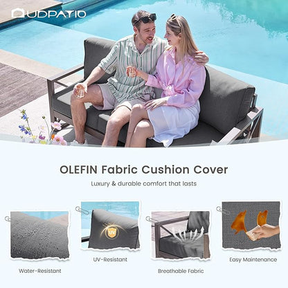 UDPATIO 6 Piece Aluminum Patio Furniture Set 7 Seats Modern Outdoor Furniture Faux Wood Grain Patio Conversation Sets with Olefin Fabric Thick Cushions, 600D Waterproof Cover Included, Dark Grey