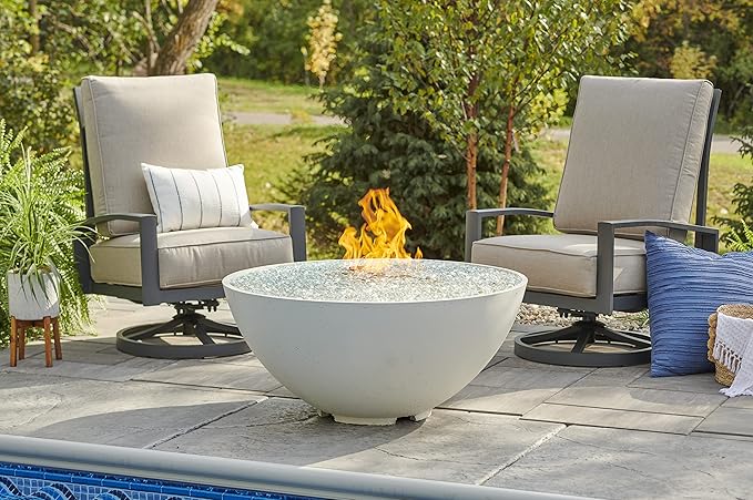 Outdoor GreatRoom Co Propane Fire Pit Table - Cove Gas Fire Pits for Outside Patio - 42 Inch Round Edge Bowl Concrete Firepit Fire Table, Glass Tabletop Cover, Tempered Clear Glass Gems, 105,000 BTU