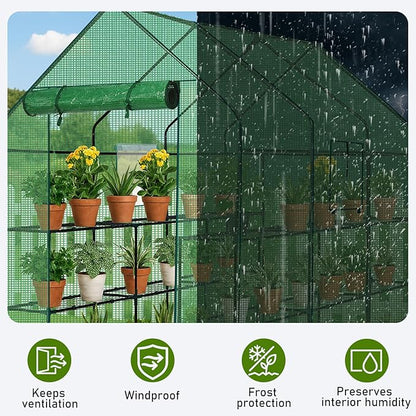 Outvita Walk-in Greenhouse, Outdoor Durable PE Plant Green House for Frost Protection with 3 Tiers 12 Shelves, Shelf Clips, Roll-up Zipper Door, 56"x85"x77" Green