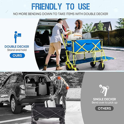 Old Bahama Bay 400L Collapsible Double Decker Beach Wagon with Brakes, Folding Beach Cart with 54" Extra Long Decker, 450LBS Heavy Duty Wagon Chart with All-Terrain Big Wheels for Sand Camping Garden
